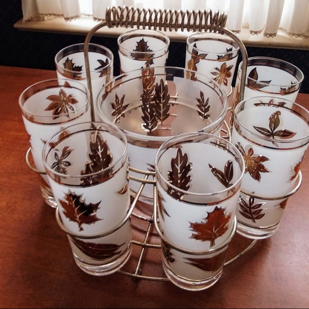 Mid Century Gold Foliage Bareware Set:8 highball glasses w ice bucket in carrier